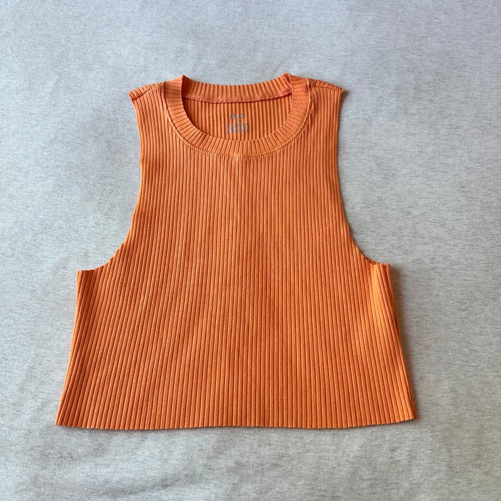 Aerie Womens Ribbed Cropped Muscle Tank Top Orange‎ Crew Neck Size Large